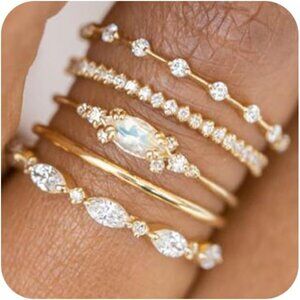 Dainty Stackable Gold Rings Set - Stylish 18K Gold & Cubic Zirconia - Size 7